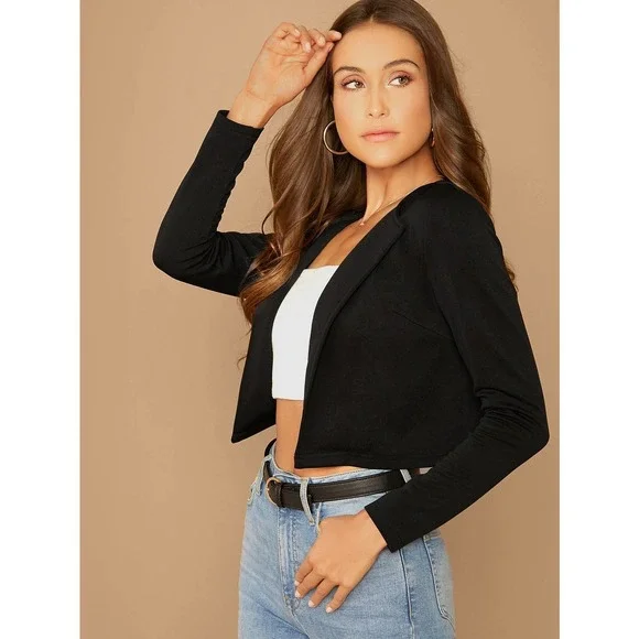 Business casual minimalist white Open Front Solid Crop Blazer - Picture 7 of 8